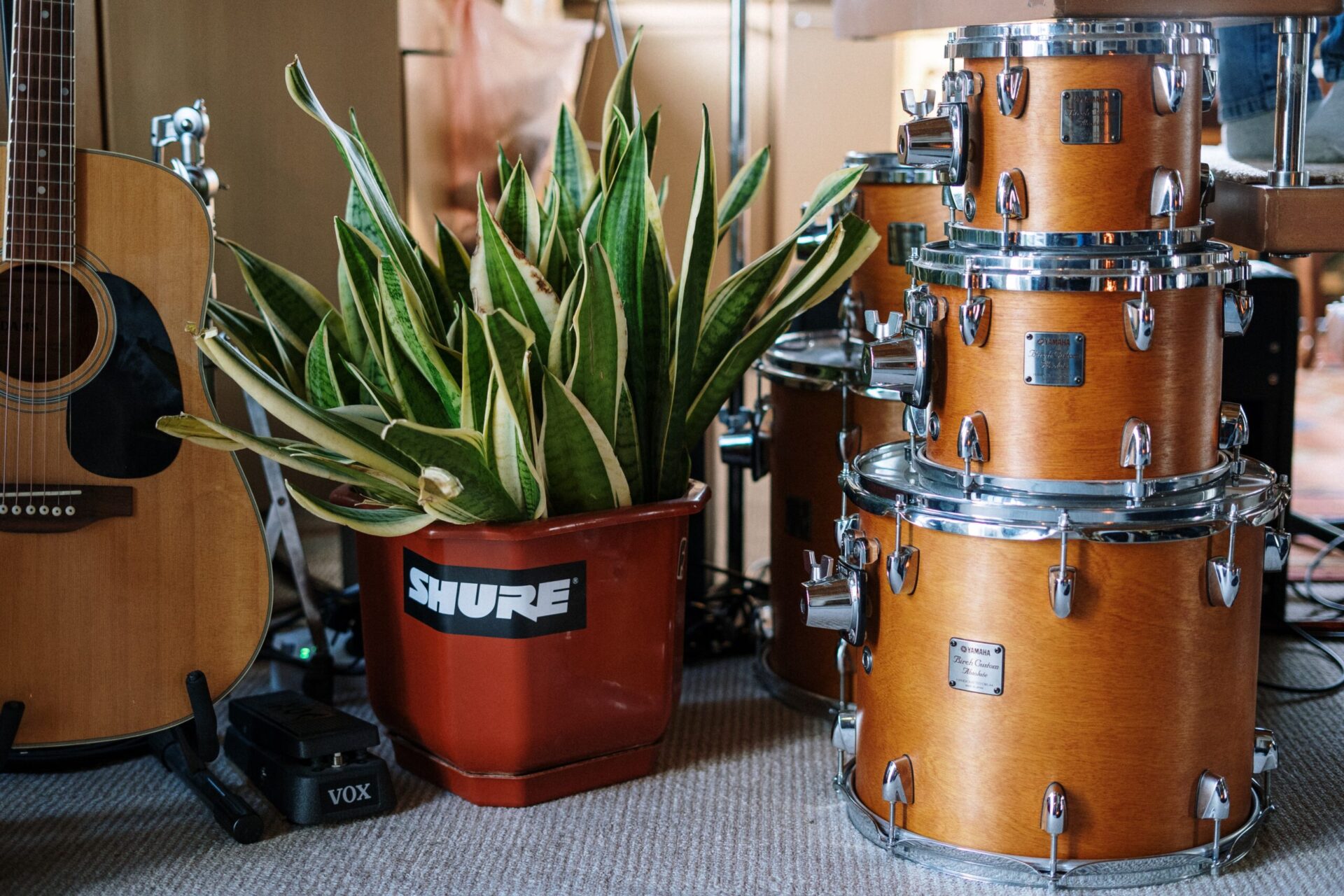 Des instruments (guitare, batterie) sont posés par terre dans un appartement.